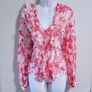 S Zara Ruffle Semi Sheer Fairy Floral Beach Tropical Resort Pullover Pink V-neck